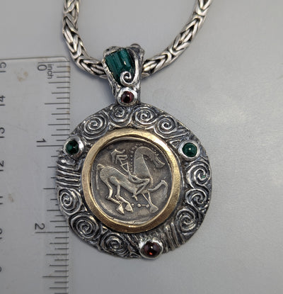 Ancient Coin, Celtic Stater, Sterling Silver and 14kt Gold Pendant