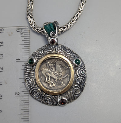 Ancient Coin, Celtic Stater, Sterling Silver and 14kt Gold Pendant