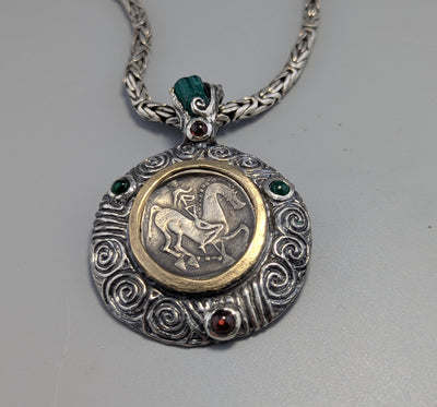 Ancient Coin, Celtic Stater, Sterling Silver and 14kt Gold Pendant