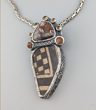 Pre-Pueblo Pottery Shard, Sterling Silver Pendant with Yowah Opal