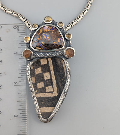 Pre-Pueblo Pottery Shard, Sterling Silver Pendant with Yowah Opal