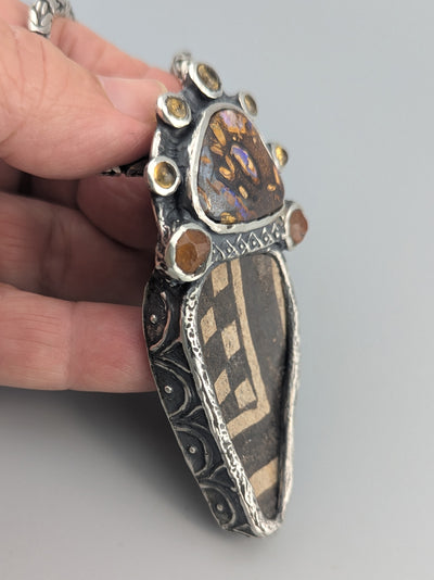 Pre-Pueblo Pottery Shard, Sterling Silver Pendant with Yowah Opal
