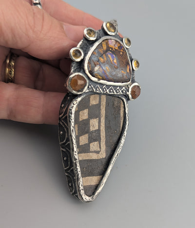 Pre-Pueblo Pottery Shard, Sterling Silver Pendant with Yowah Opal