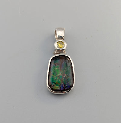 Small Ammolite Sterling Silver Pendant with Yellow Diamond