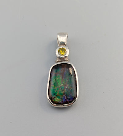 Small Ammolite Sterling Silver Pendant with Yellow Diamond