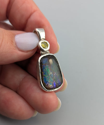 Small Ammolite Sterling Silver Pendant with Yellow Diamond