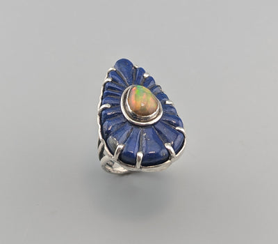 Carved Fine Lapis Lazuli and Ethiopian opal Sterling Silver Ring