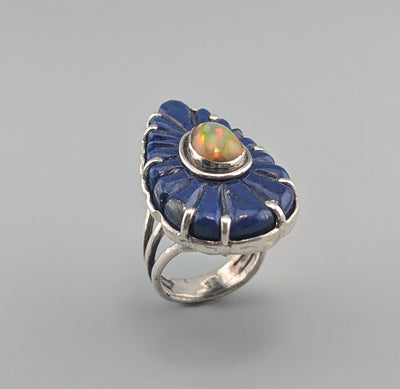 Carved Fine Lapis Lazuli and Ethiopian opal Sterling Silver Ring