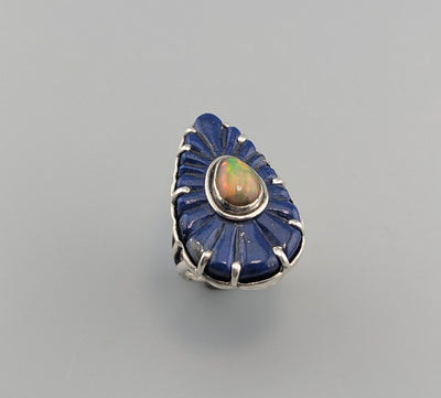 Carved Fine Lapis Lazuli and Ethiopian opal Sterling Silver Ring