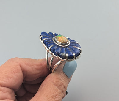Carved Fine Lapis Lazuli and Ethiopian opal Sterling Silver Ring