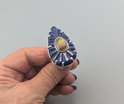 Carved Fine Lapis Lazuli and Ethiopian opal Sterling Silver Ring