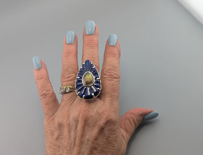 Carved Fine Lapis Lazuli and Ethiopian opal Sterling Silver Ring