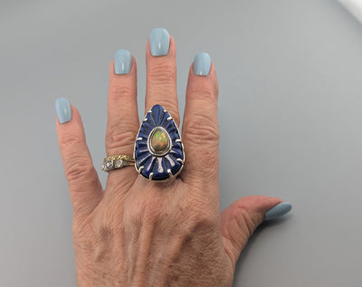 Carved Fine Lapis Lazuli and Ethiopian opal Sterling Silver Ring