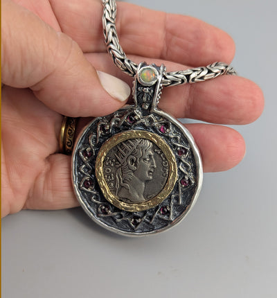 Roman BI Tetradrachm, Divus Agustus, Sterling Silver and 14kt Gold Pendant