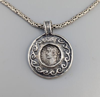 Roman BI Tetradrachm, Divus Agustus, Sterling Silver and 14kt Gold Pendant