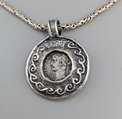 Roman BI Tetradrachm, Divus Agustus, Sterling Silver and 14kt Gold Pendant
