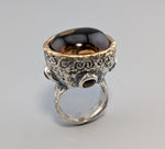 Carved Smoky Quartz Sterling Silver Ring with 14kt Gold Bezel