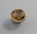 Carved Smoky Quartz Sterling Silver Ring with 14kt Gold Bezel