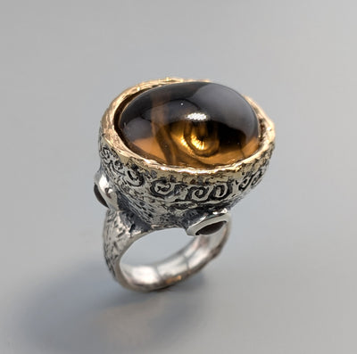Carved Smoky Quartz Sterling Silver Ring with 14kt Gold Bezel