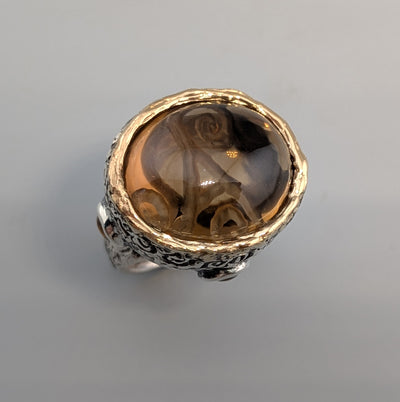 Carved Smoky Quartz Sterling Silver Ring with 14kt Gold Bezel