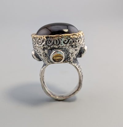 Carved Smoky Quartz Sterling Silver Ring with 14kt Gold Bezel