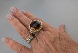 Carved Smoky Quartz Sterling Silver Ring with 14kt Gold Bezel