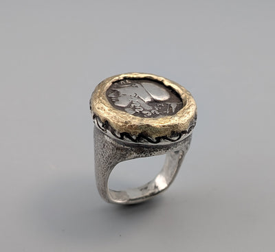Athena/Pegasus AR Stater, Sterling Silver and 14kt Gold Ring