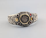 Celtic Coin, BI Stater, Sterling Silver Bracelet with 14kt Gold Bezel, Garnets and Citrines