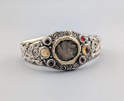 Celtic Coin, BI Stater, Sterling Silver Bracelet with 14kt Gold Bezel, Garnets and Citrines