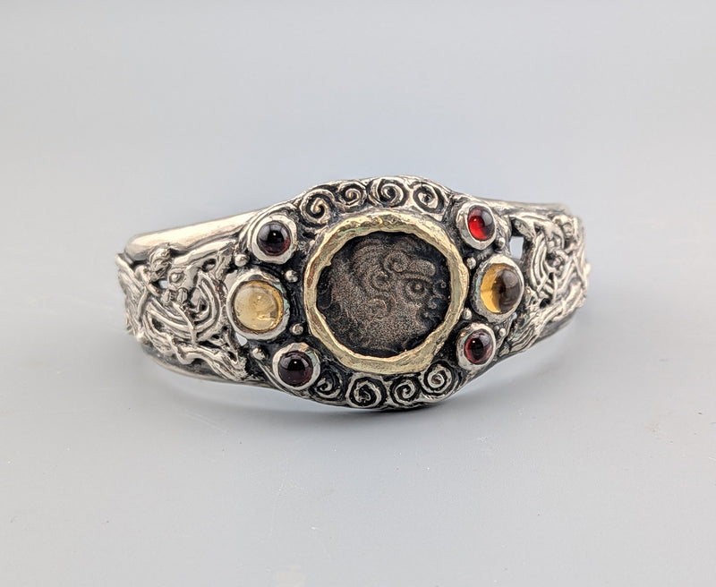 Celtic Coin, BI Stater, Sterling Silver Bracelet with 14kt Gold Bezel, Garnets and Citrines