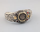 Celtic Coin, BI Stater, Sterling Silver Bracelet with 14kt Gold Bezel, Garnets and Citrines