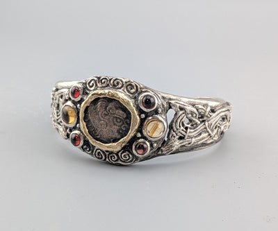 Celtic Coin, BI Stater, Sterling Silver Bracelet with 14kt Gold Bezel, Garnets and Citrines