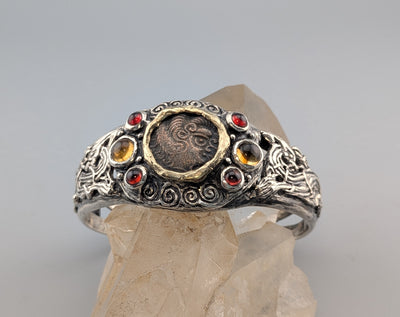 Celtic Coin, BI Stater, Sterling Silver Bracelet with 14kt Gold Bezel, Garnets and Citrines
