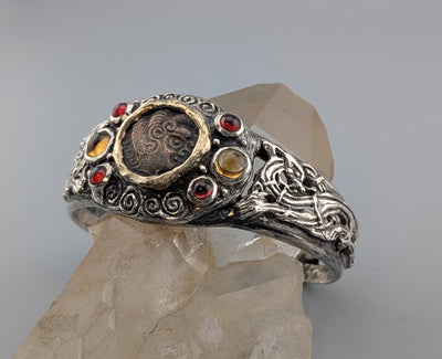 Celtic Coin, BI Stater, Sterling Silver Bracelet with 14kt Gold Bezel, Garnets and Citrines