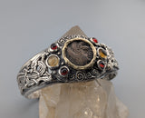 Celtic Coin, BI Stater, Sterling Silver Bracelet with 14kt Gold Bezel, Garnets and Citrines