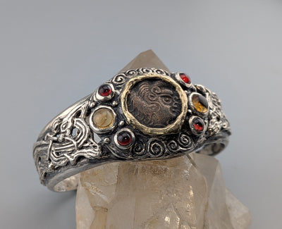 Celtic Coin, BI Stater, Sterling Silver Bracelet with 14kt Gold Bezel, Garnets and Citrines