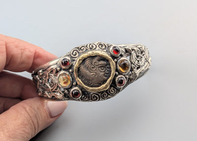 Celtic Coin, BI Stater, Sterling Silver Bracelet with 14kt Gold Bezel, Garnets and Citrines