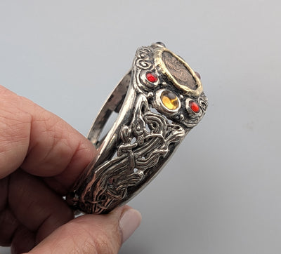 Celtic Coin, BI Stater, Sterling Silver Bracelet with 14kt Gold Bezel, Garnets and Citrines