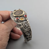 Celtic Coin, BI Stater, Sterling Silver Bracelet with 14kt Gold Bezel, Garnets and Citrines