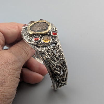 Celtic Coin, BI Stater, Sterling Silver Bracelet with 14kt Gold Bezel, Garnets and Citrines