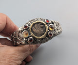 Celtic Coin, BI Stater, Sterling Silver Bracelet with 14kt Gold Bezel, Garnets and Citrines