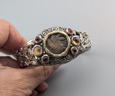 Celtic Coin, BI Stater, Sterling Silver Bracelet with 14kt Gold Bezel, Garnets and Citrines