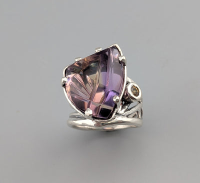 Fancy Cut Ametrine, Sterling Silver Ring with Golden Sapphire