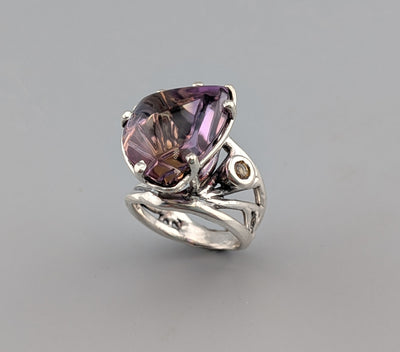 Fancy Cut Ametrine, Sterling Silver Ring with Golden Sapphire