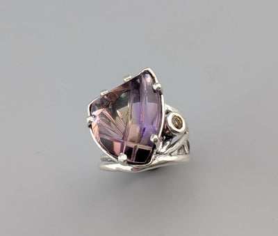 Fancy Cut Ametrine, Sterling Silver Ring with Golden Sapphire