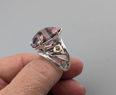 Fancy Cut Ametrine, Sterling Silver Ring with Golden Sapphire