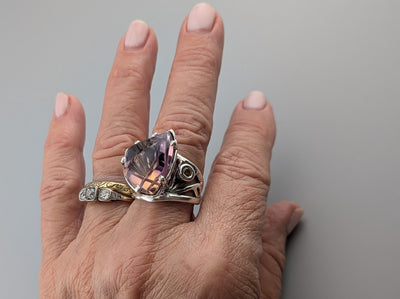 Fancy Cut Ametrine, Sterling Silver Ring with Golden Sapphire
