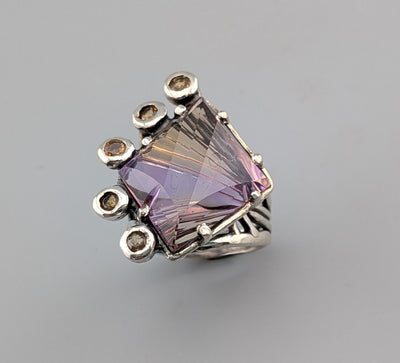 Fancy Cut Ametrine Sterling Silver Ring with Golden Sapphires