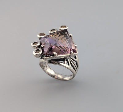 Fancy Cut Ametrine Sterling Silver Ring with Golden Sapphires