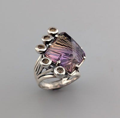 Fancy Cut Ametrine Sterling Silver Ring with Golden Sapphires